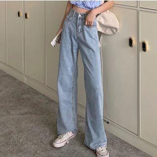 Short-sleeve Gingham Cropped Blouse / Washed Wide Leg Jeans