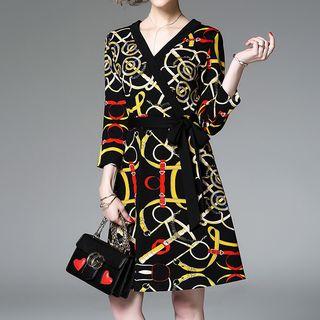 Printed V-neck 3/4-sleeve A-line Dress