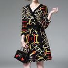 Printed V-neck 3/4-sleeve A-line Dress