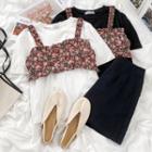 Elbow-sleeve T-shirt / Floral Print Cropped Camisole Top