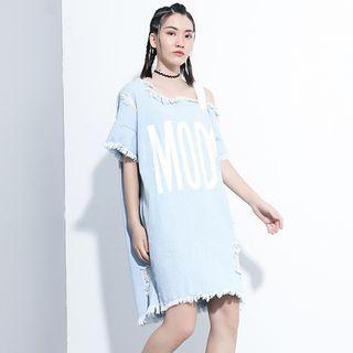 Fray Hem Lettering Elbow-sleeve Denim Dress Blue - One Size