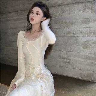 Square-neck Lace Mesh Plain Dress