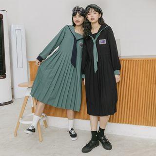 Set: Long-sleeve Midi Pleated Dress + Tie