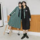 Set: Long-sleeve Midi Pleated Dress + Tie