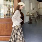 Set: Plain Cable-knit Sweater + Check Skirt