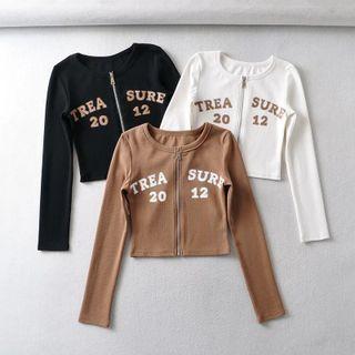 Long Sleeve Lettering Zip-up Crop Top