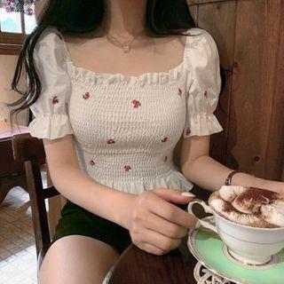 Puff-sleeve Embroidered Crop Top
