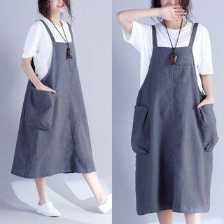Pocketed Loose-fit Midi Pinafore Dress