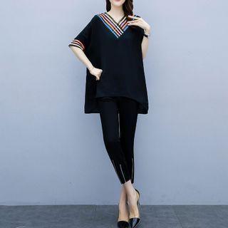 Set: Striped Short-sleeve Blouse + Cropped Pants