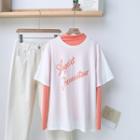 Mock-neck Long-sleeve Top / Lettering Short-sleeve T-shirt / Straight-cut Jeans