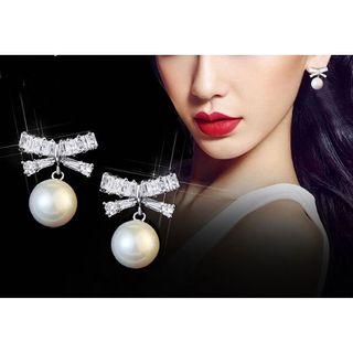 925 Sterling Silver Rhinestone Bow Faux Pearl Dangle Earring 1 Pair - Silver - One Size