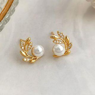 Rhinestone Faux Pearl Stud Earring 1 Pair - S925 Silver Stud Earrings - Gold - One Size