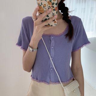 Lace Trim Buttoned Short-sleeve Knit Top