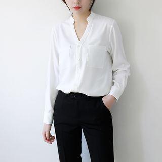 Long-sleeve V-neck Chiffon Blouse White - Xl