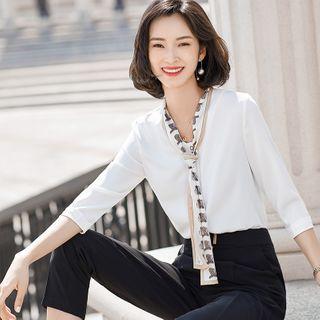 Elbow-sleeve Tie-neck Blouse / Dress Pants / Set