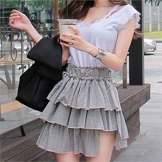Banded-waist Cutout-detail Tiered Skirt