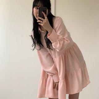 Long-sleeve Plain Single Breasted Shirt Dress