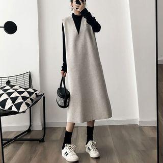Set: Long Sleeve Plain Top + V-neck A-line Pinafore Dress