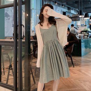 Spaghetti Strap Plaid A-line Dress / Long-sleeve Open Front Light Jacket
