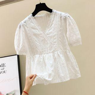 Puff Sleeve V-neck Embroidered Peplum Blouse