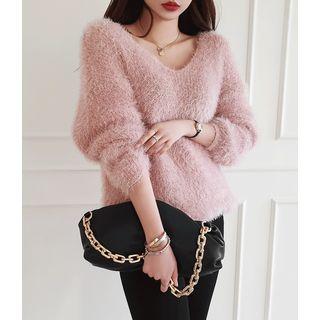 V-neck Pastel-color Fluffy Sweater