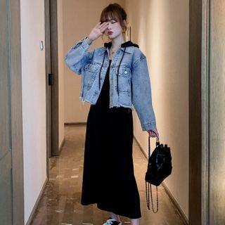 Hooded Button Denim Jacket / Spaghetti Strap Midi A-line Dress