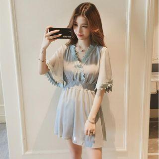 Elbow-sleeve V-neck Chiffon Mini Dress