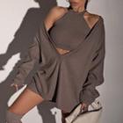 Set: V-neck Oversized Sweatshirt + Halter-neck Crop Tank Top