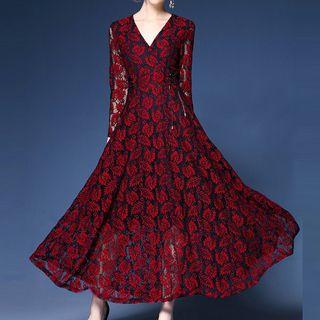 V-neck Long Sleeve Jacquard Maxi Dress