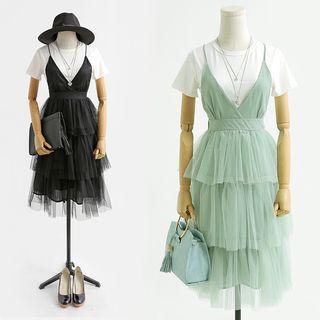 Set: Short-sleeve Top + Sleeveless Mesh Dress