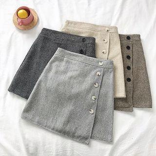 Asymmetric Single-breasted Houndstooth High-waist A-line Skirt