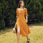 Floral Print Puff-sleeve Midi A-line Dresss