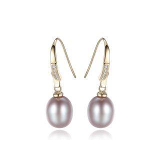 Sterling Silver Plated Gold Fashion Simple Purple Freshwater Pearl Earrings With Cubic Zirconia Golden - One Size