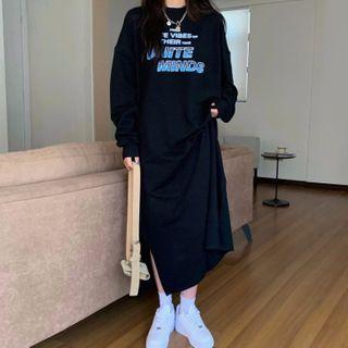 Lettering Midi A-line Sweatshirt Dress Black - One Size