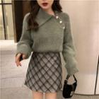 Plain Long-sleeve Sweater / Color-block High-waist Acrylic Skirt