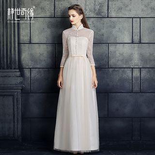 3/4-sleeve Mandarin Collar A-line Evening Gown