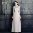3/4-sleeve Mandarin Collar A-line Evening Gown
