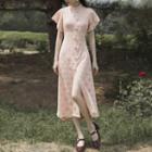 Short-sleeve Plaid Lace Midi Qipao Dress