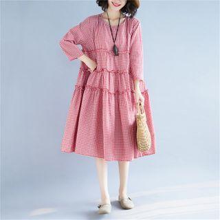 Long-sleeve Gingham Midi A-line Dress As Shown In Figure - One Size