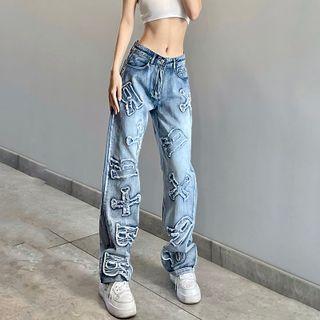 Letter Applique Wide Leg Jeans