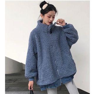 Denim Panel Faux Shearling Zip Jacket