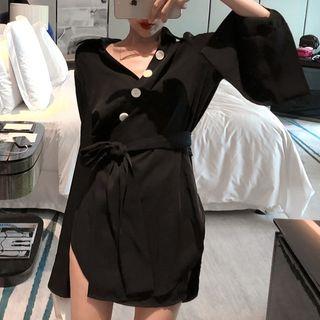 V-neck Long-sleeve Shirt Dress Black - One Size
