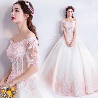 Off-shoulder Short-sleeve Wedding Ball Gown