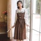 Long-sleeve Collared Lace Trim Tie-waist Midi A-line Dress