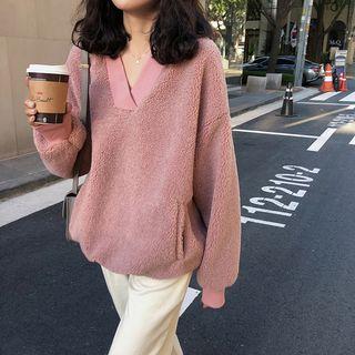 Long Sleeve V-neck Plain Fleece Top