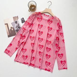 Long-sleeve Heart Print Mesh Top Pink - One Size