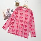 Long-sleeve Heart Print Mesh Top Pink - One Size