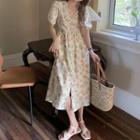Puff-sleeve Flower Print Midi A-line Dress Floral - White - One Size