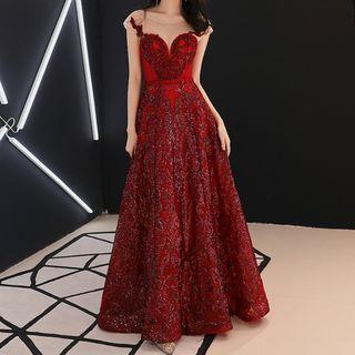 Short-sleeve Sequined A-line Evening Gown