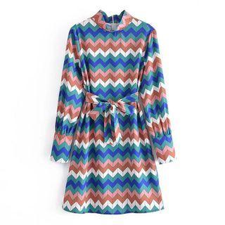 Long-sleeve Zigzag Pattern Tie-waist A-line Dress